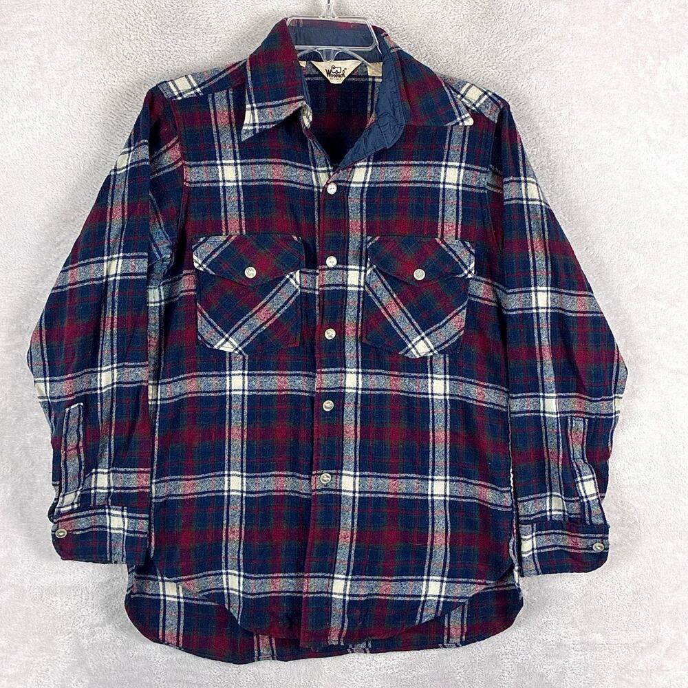 Vintage Woolrich Shirt Mens M (S) Red Blue Plaid Wool Nylon Outdoors 70s USA